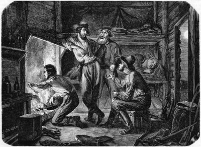 Bányászok a kaliforniai aranymezőkön pihenve faházukban éjszaka, 1853 alkotó: Unbekannt