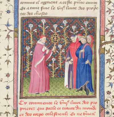 Ms 251 f.135r Öt ember, egyikük fegyvergömböt tart, a „Des Proprietez des Choses”-ból, 1415 körül (vellum) alkotó: Unbekannt