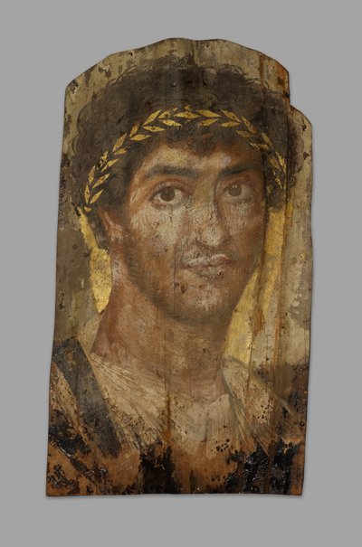 Babérkoszorút viselő férfi múmia portréja, Fayum, 2. század eleje-közepe. alkotó: Unbekannt