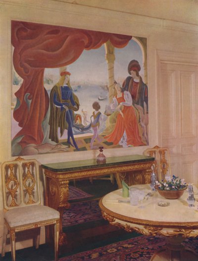 Beatrice MacDermott falfestménye, amely egy velencei jelenetet ábrázol, és az étkező egyik ablaktáblájában van bekeretezve alkotó: Unbekannt