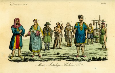Muszlim férfi a Mekkába tartó haddzsiban 1, muzulmán nő 2, muszlim férfi utazási ruhában 3, közönséges muszlim 4, dervis szent 5, asztrológus vagy Tagessa 6, mulatőr 7, borbély vagy Kagiem 8, beduin lány Beja (Beggia) közeléből 9 alkotó: Unbekannt