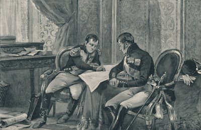 Napóleon és Sándor Tilsitben Európa térképét tanulmányozzák, 1807, 1896 alkotó: Unbekannt