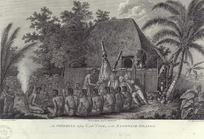 A hawaii Sandwich-szigetek bennszülöttjei sertést vágnak Cook kapitány előtt, 1778 alkotó: Unbekannt