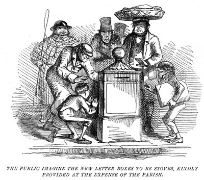 Az új levelesládákat összetévesztik a fűtőkályhákkal!, 1855 alkotó: Unbekannt