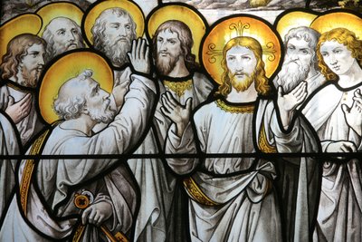 Notre Dame de Beaune templom ólomüveg ablaka: Szent Péter tiltakozik Christ Beaune Franciaországhoz való hűsége miatt alkotó: Unbekannt