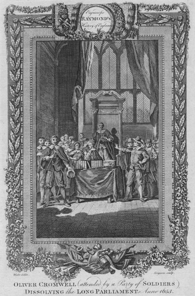 Oliver Cromwell részt vett a katonák városán, amelyek feloszlatják a Hosszú Parlamentet. Anno 1653, c1787 alkotó: Unbekannt