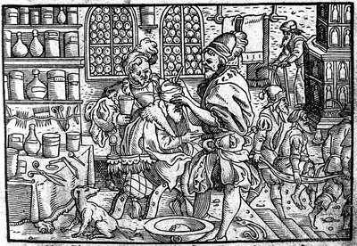 Műtét egy férfi fején. Forrás: Theophrastus Bombastus von Hohenheim nagy sebgyógyszere, 1562 alkotó: Unbekannt