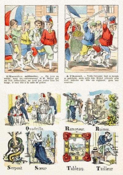 7. oldal - gyerekjátékok: hadgyakorlat, A támadásban - Ábécé - Gyermekek szórakoztatása - Epinal képanyag, népszerű sorozat, 1890 körül alkotó: Unbekannt