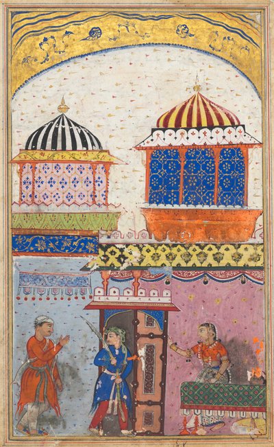 Oldal a Papagáj meséiből Tuti-nama: Nyolcadik éjszaka: Egy nő távozásra kéri kedvesét..., c. 1560. alkotó: Unbekannt
