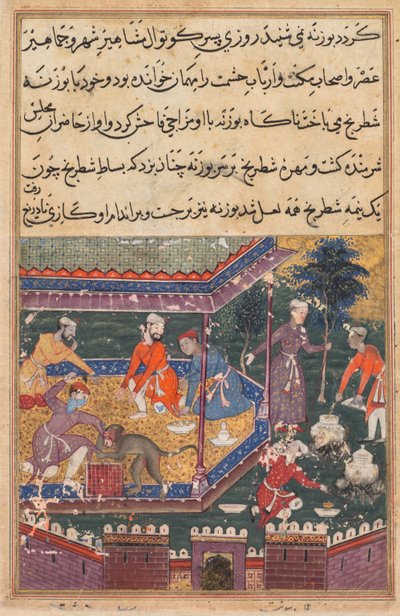 Oldal a Papagáj meséiből Tuti-nama: Ötödik éjszaka: A sebesült majom megharapja a kezét., c1560. alkotó: Unbekannt