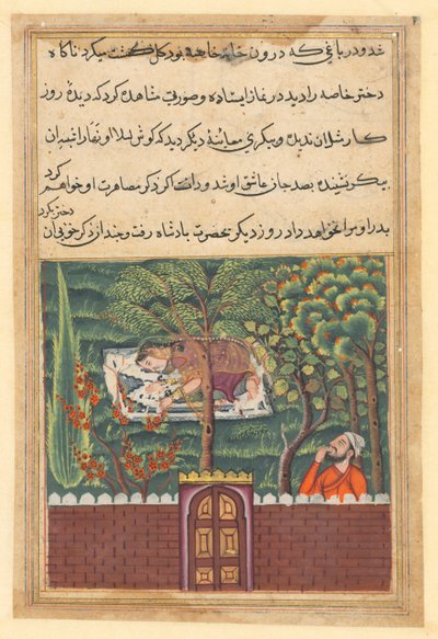 Oldal a Papagáj meséiből Tuti-nama: Ötvenegyedik éjszaka: Khulasa, a vezír meglátja..., c1560. alkotó: Unbekannt