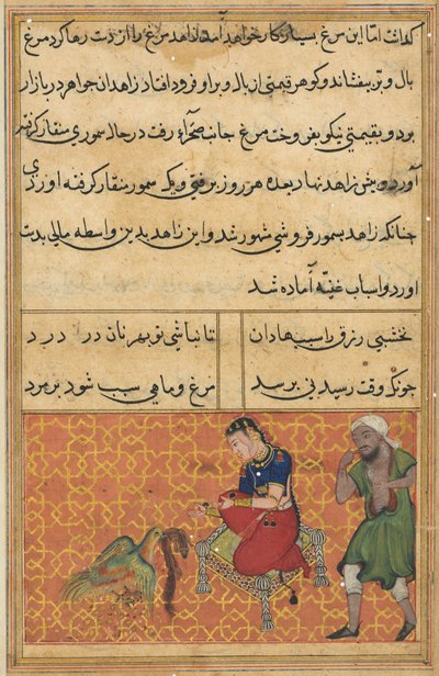 Oldal a Papagáj meséiből Tuti-nama: Ötvenkettedik éjszaka: A hétszínű madár c. 1560. alkotó: Unbekannt