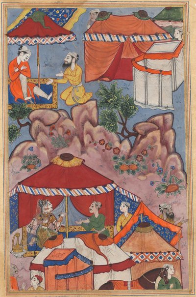 Oldal a Tales of a Parrot Tuti-nama: Huszonnegyedik éjszaka: Bashir elhiteti szerelmét, c. 1560. alkotó: Unbekannt