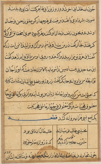 Oldal a Papagáj meséiből Tuti-nama: szövegoldal, c. 1560. alkotó: Unbekannt