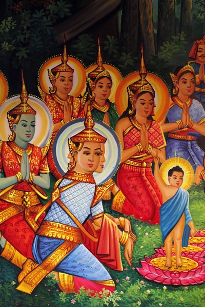 Buddha születésnapját (Wesak) ábrázoló festmény Wat Than Phnom Penh Cambodge-ban alkotó: Unbekannt