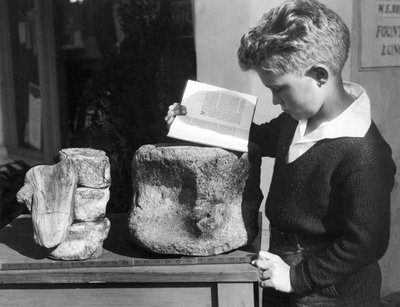 Palos Verdes, Kalifornia: 1927 körül Egy fiatal fiú régészetet tanul a közeli dombokon talált megkövesedett őskori csigolya felhasználásával. (f/w fotó) alkotó: Unbekannt