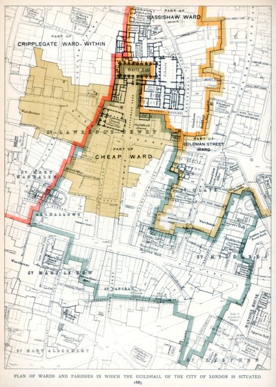 Az egyházközségek és plébániák terve, amelyben a londoni város céhháza található, 1886 alkotó: Unbekannt