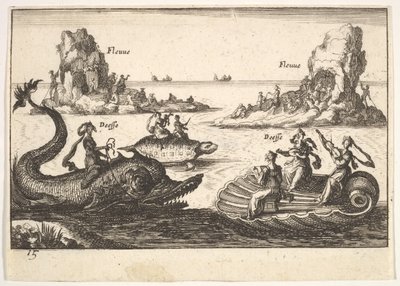 15. tábla: Folyók és istennők, rúdtartók által vezetett lebegő szigetekkel, női alak..., 1664. alkotó: Unbekannt