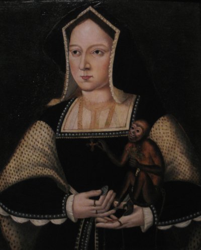 Aragóniai Katalin portréja kedvenc majmjával, Lucas Horenbout utáni másolat, 1530 körül alkotó: Unbekannt