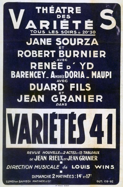 Reklámplakát Variétés 41 varieté, Franciaország, 1941 alkotó: Unbekannt
