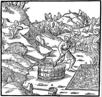 Só előállítása természetes sóoldat elpárologtatásával, égő széngödörbe öntve, 1556 alkotó: Unbekannt