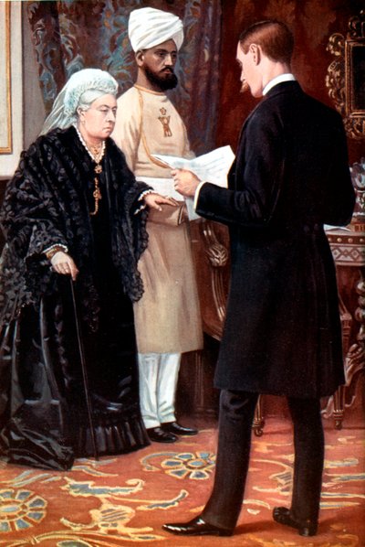 Viktória királynő a frontvonalról küldetést hallgat a búr háború alatt, 1899-1901. alkotó: Unbekannt