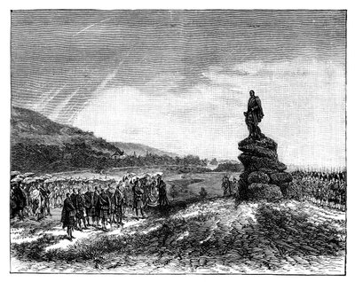 Viktória királynő leleplezi Albert herceg szobrát a skóciai Balmoralban, az 1860-as években alkotó: Unbekannt