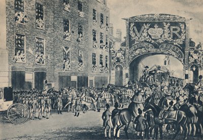 Viktória királynő bejárata a városba útban a céhházba, 1837. november 9., 1948. alkotó: Unbekannt