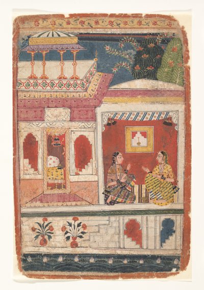 Radha és bizalmasa ülnek egy nyitott szobában: Oldal egy szétszórt Rasikapriya-ból, kb. 1680-90. alkotó: Unbekannt