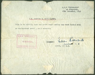 Nyugta egy volt japán kardról, HMS Venerable, Szingapúr, 1946 alkotó: Unbekannt