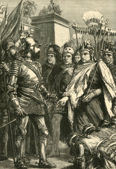 Cortes fogadása Montezuma által, 1519, 1890. alkotó: Unbekannt