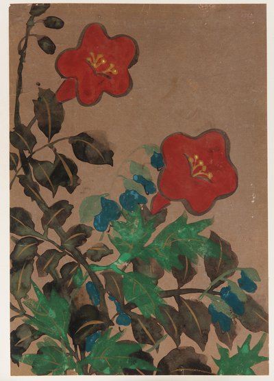 Vörös és kék virágok és lombozat, Edo-korszak, 1615-1868. alkotó: Unbekannt