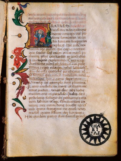 Szent Jeromos (347-420) ábrázolása, az "Opuscula theologica"-ból vett illuminált oldal. alkotó: Unbekannt