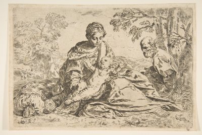 Pihenjen az Egyiptomba tartó repülésen, Mária kezében tartja a csecsemő Krisztust Szent Józseffel ..., 1640 körül vagy utána. alkotó: Unbekannt