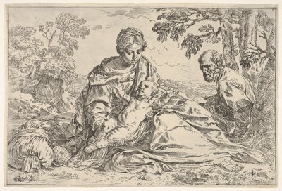 Pihenj az Egyiptomba tartó járaton, Mária a kisded Krisztust kezében tartja Szent Józseffel..., kb. 1640 vagy utána. alkotó: Unbekannt