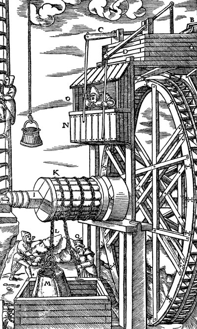 Megfordítható emelő bányaaknából bőrvödrök kiemeléséhez, 1556 alkotó: Unbekannt