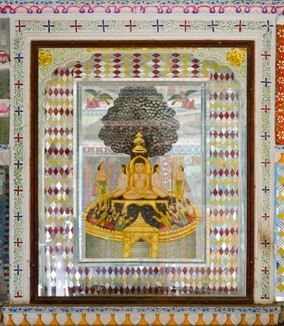Gazdagon díszített vallási műalkotások a 19. századi Patwon ki Haveli kastély egyik helyiségében, Jaisalmer, Rajasthan, India (fotó) alkotó: Unbekannt
