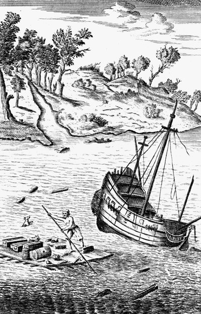 Robinson Crusoe kimenti áruit a hajó roncsából, c1719 alkotó: Unbekannt