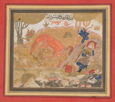 Rustam első pályája: Rakhsh megöl egy oroszlánt, folio a Shahnama királyok könyvéből, kb. 1430-40. alkotó: Unbekannt