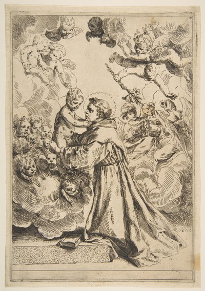 Páduai Szent Antal a dicsőségben lévő Krisztus-gyermeket imádja, Cantarini utáni példány, kb. 1640 vagy utána. alkotó: Unbekannt