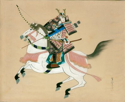 Szamuráj harcos lovaglás. Japán festmény selyemre, hagyományos japán stílusban alkotó: Unbekannt