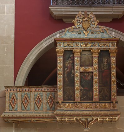 Szentély (El Miracle). A templom. Belső. Az orgona. Polikróm fa konstrukció. Három festmény vászonra (?). 1593. alkotó: Unbekannt