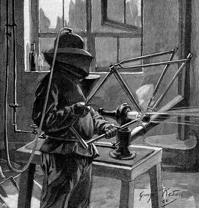 Kerékpárváz illesztéseinek homokfúvása, Franciaország, 1896 alkotó: Unbekannt