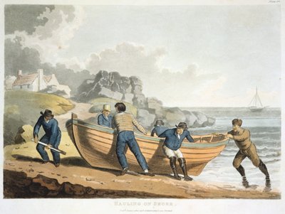 Tengerészek, akik klinkerből készült gumicsónakot húznak fel a partra, 1821 alkotó: Unbekannt