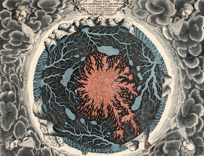A Föld metszetképe, központi tűz és az óceánokhoz kapcsolódó földalatti csatornák, 1665 alkotó: Unbekannt