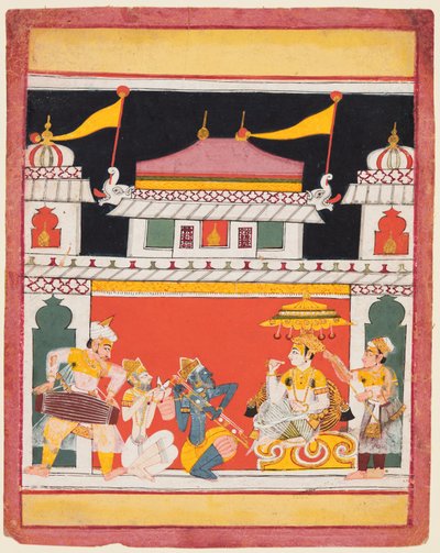 Shri Raga, egy Ragamala sorozatból, Három zenész lép fel egy nemes előtt, c. 1650. alkotó: Unbekannt