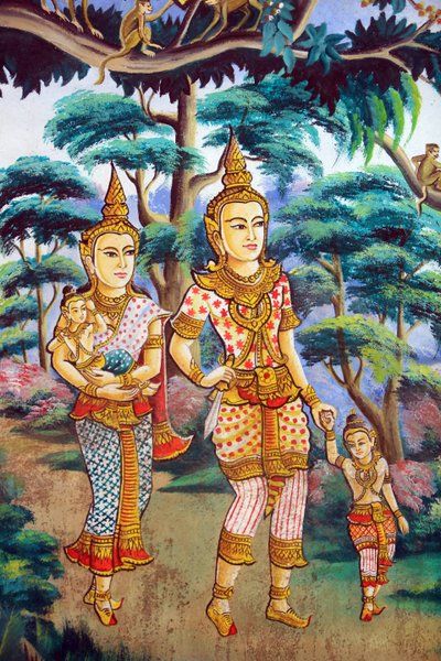 Siddhartha Gautama, felesége Yashodhara és fia, Rahula. Sákjamuni Buddha élettörténetét ábrázoló festmény. Wat Naxai. Vientiane. Laosz, 20151106, Vientiane, Laosz alkotó: Unbekannt