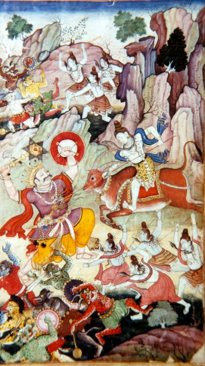 Siva elpusztítja a démont és Hakát, Harivamsa kézirat, Mogul iskola, 1590 alkotó: Unbekannt