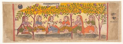 Hat gópi ül a fák alatt: Oldal egy szétszórt Bhagavata Puránából...1600-10. alkotó: Unbekannt