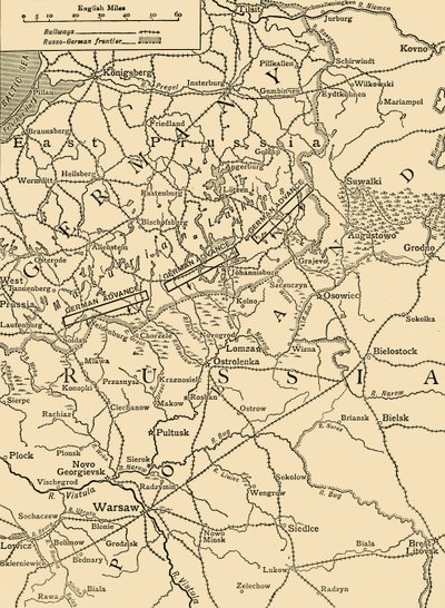 Vázlatos térkép a Varsótól északra lezajlott német támadás illusztrálására 1915 februárjában, 1920 körül. alkotó: Unbekannt